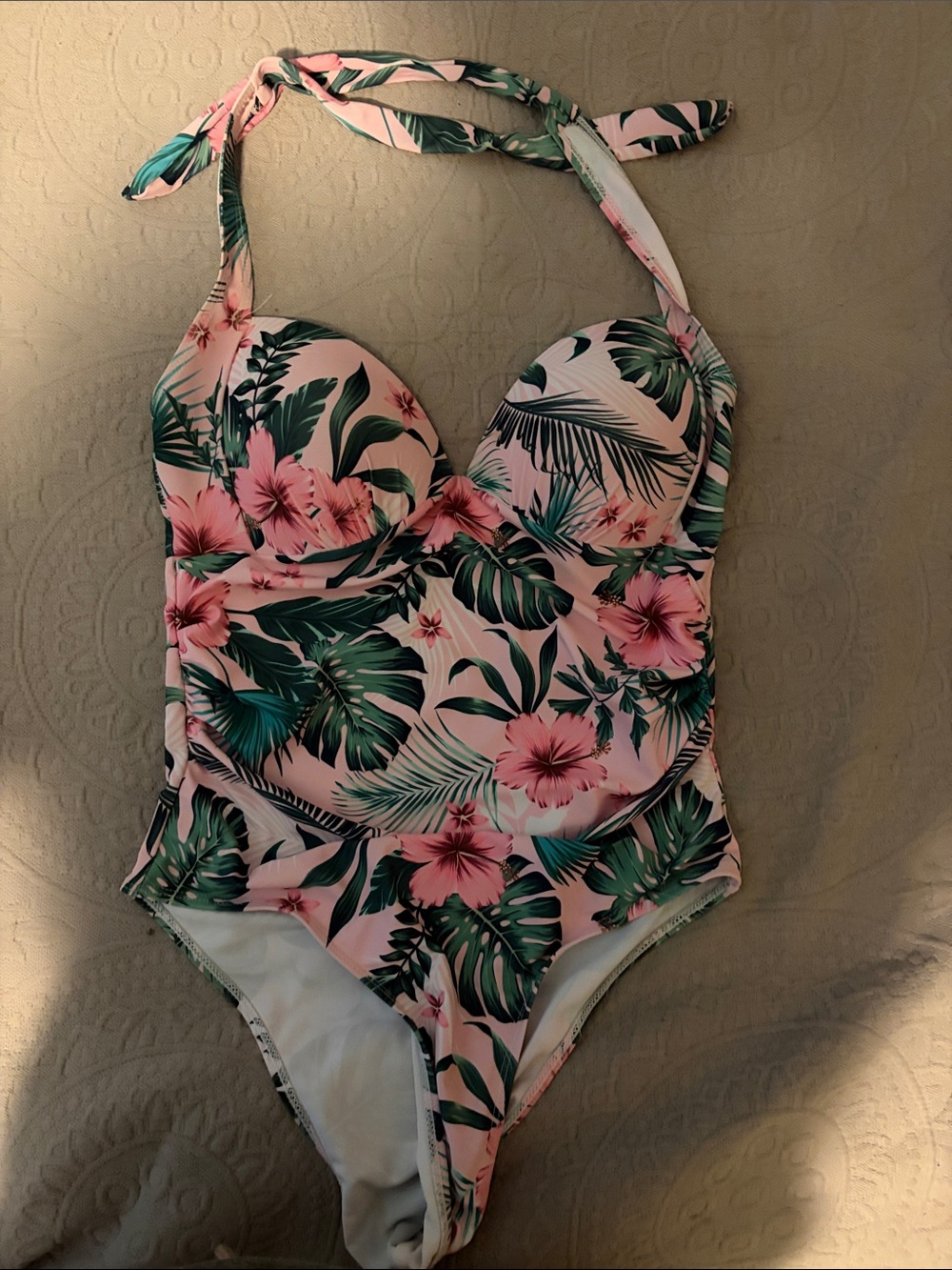 Pink Tropical Halter One-Piece Swimsuit with Floral Print